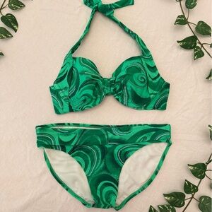 Emerald Green Halter Bikini with Swirl Pattern